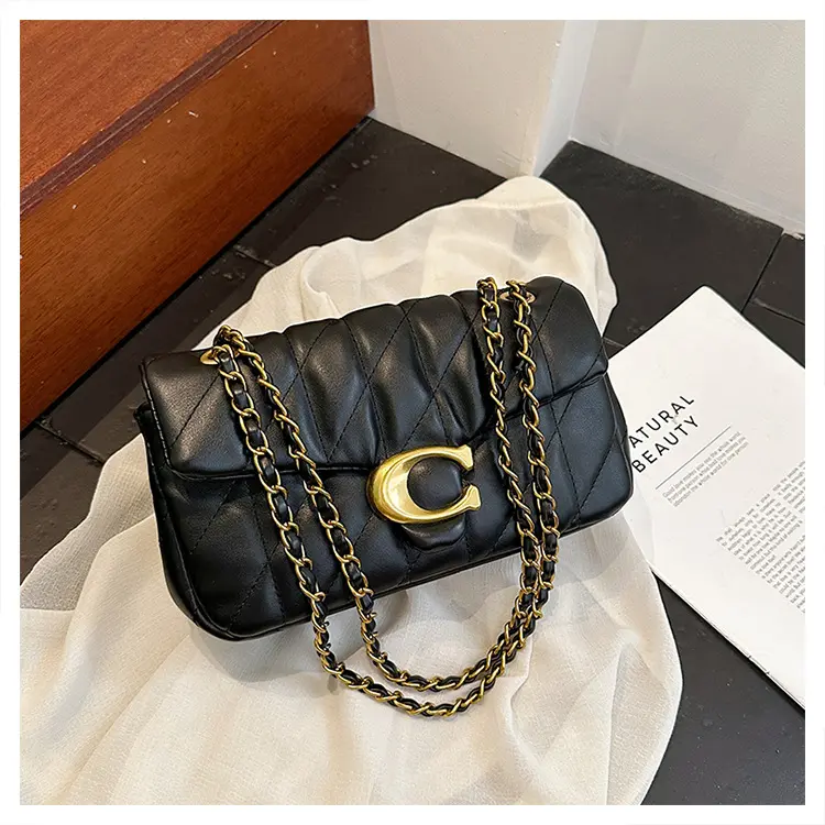 Women's Quilted Leather Flap Shoulder Bag, Interwoven Chain Strap Crossbody Purse with Metal Turnlock