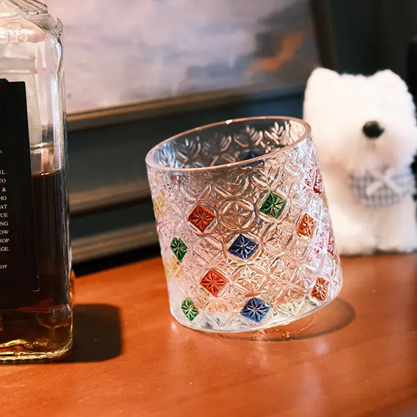 Handmade Hand Painted Rotatable Diamond Dot Tumbler, Colour Spinning Weighted Base Whiskey Glass, Aesthetic Novelty Tilt Cocktail Cup Gift barware gift european elegant