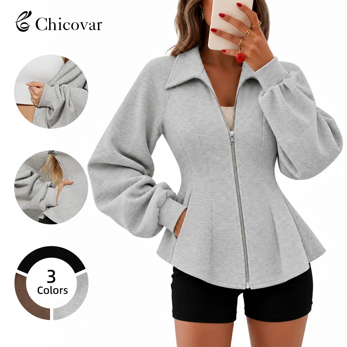 Chicovar Women's Zip Up Jacket, Ruched Sleeve, Side Pockets, Peplum Hem, Stretchy Slim Fit Cardigan Perfect for Casual Wear, Office, Church, Athleisure, Outerwear