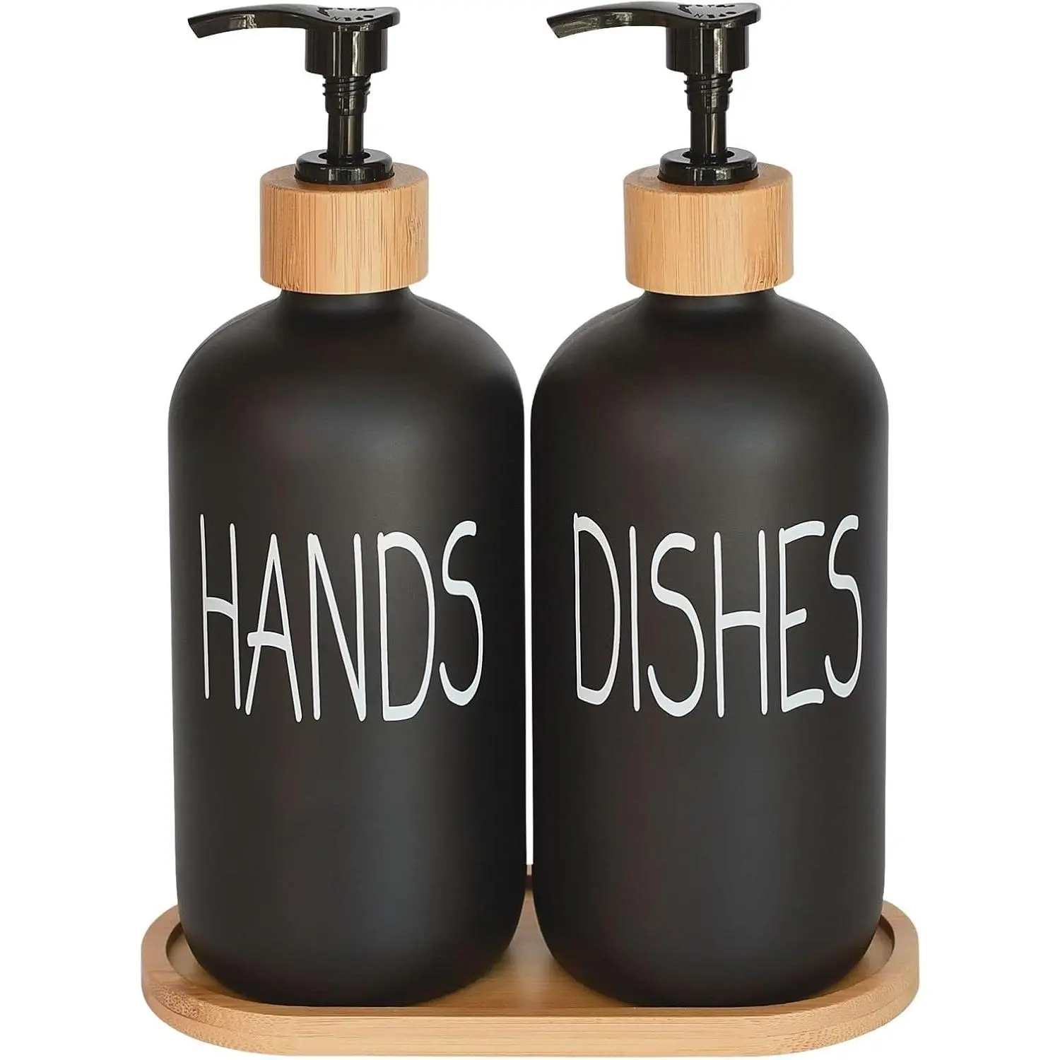 Matte Black Glass Soap Dispenser Set with Bamboo Tray - Waterproof Hand & Dish Soap Pumps, Vintage Design, Stylish Permanent Labels, for Kitchen & Bathroom, Ideal Gift, Water Proof