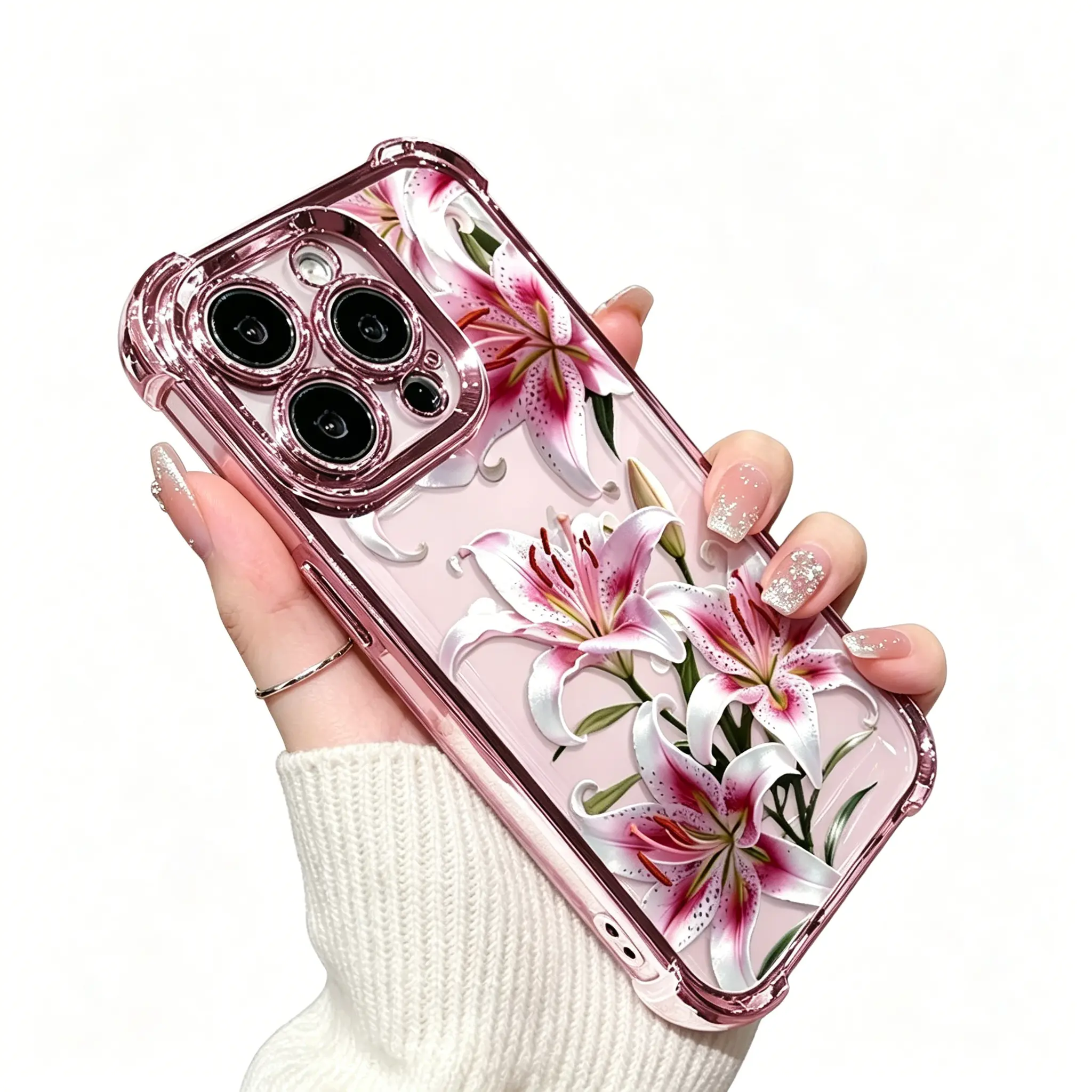 Women's Personalized Floral Pink Lily TPU Shock-Absorbing Smartphone Case - Drop Buffer, Flexible Grip, Built-in Chrome Pink Frame, Drop Protection for iPhone X/XS Max, 11/12/13/14/15/16/17 Pro Max, 14/15/16 Plus Aesthetic Accessory, Pink-26042503M75724,
