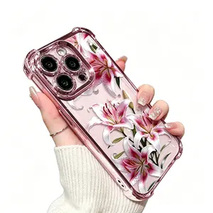 Phone case with pink lily design, compatible with iPhone 11/12/13/14/15/16/17 Pro Max, 14/15/16 Plus, X, & XS Max models, featuring a built-in chrome pink frame and drop protection. tiktokshopspringglowup