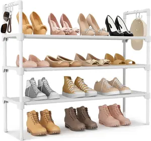 3-Tier Free Standing Shoe Rack with 5 Hooks – Stackable Shoe & Boot Organizer for Closet, Garage & Entryway