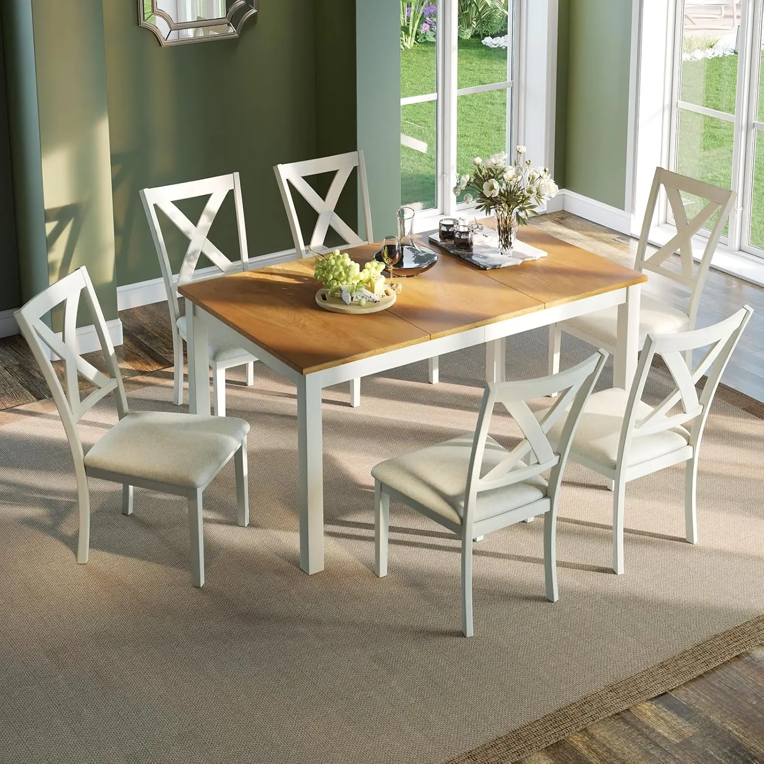 【Ships in 2 Boxes】AMERLIFE Modern Farmhouse Solid Wood Dining Table Set with Upholstered Chairs, Space Saving Dinner Table & Chairs Set, for Dining Room, Kitchen, Restaurant, Apartment