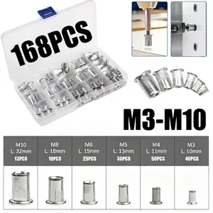 168pcs Aluminum Rivet Nuts M3/m4/m5/m6/m8/m10, Boxed Rivet Nuts Set, Durable Fasteners for Various Applications, Easy Installation