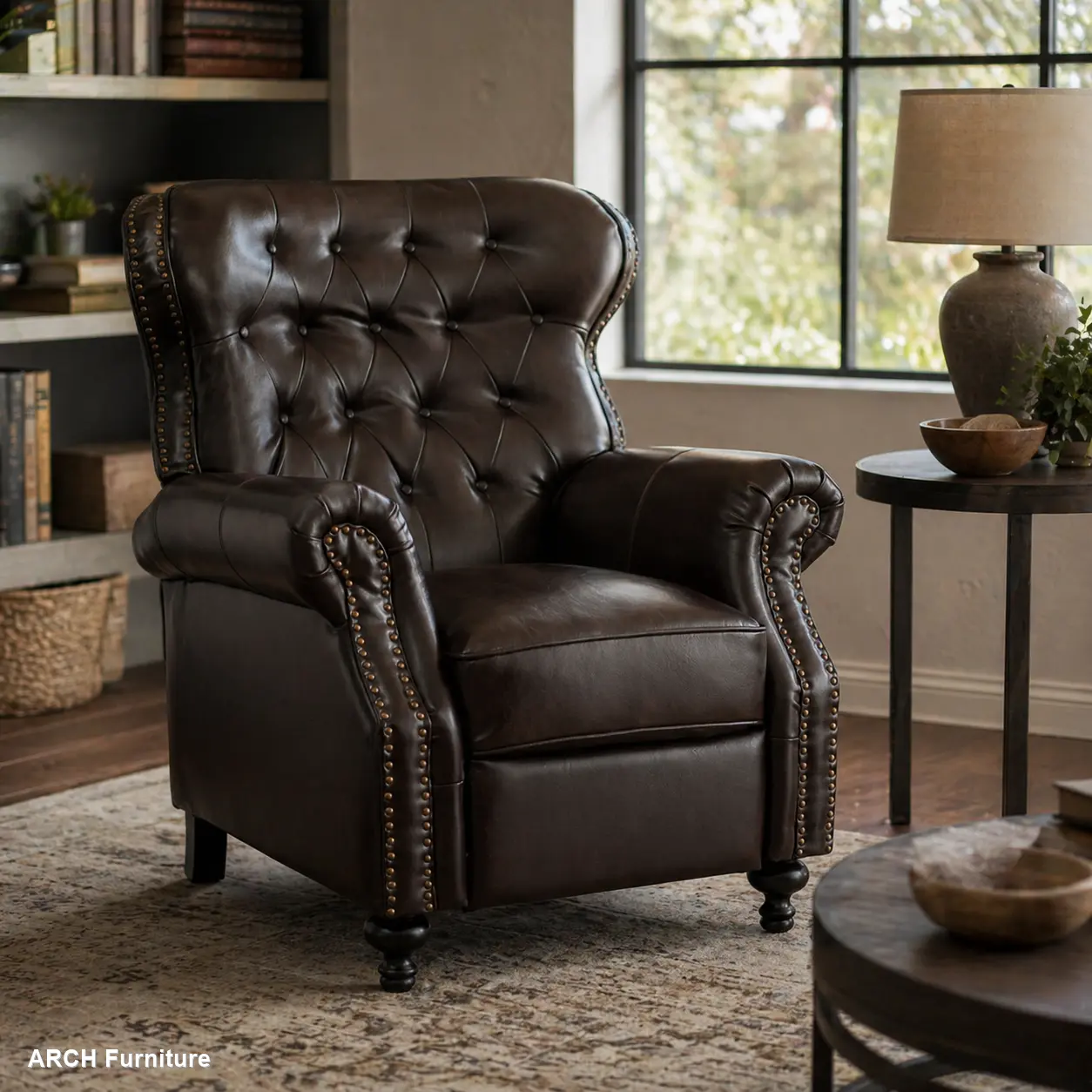 Arch Pushback Recliner Chair - PU Leather Artificial Leather Recliner with Diamond Stitch Decorative Details, Rolled Arms, Casual & Designer Style Upholstery - Contemporary Indoor Furniture for Home Decor, Artificial Leather Recliners, Casual Recliners