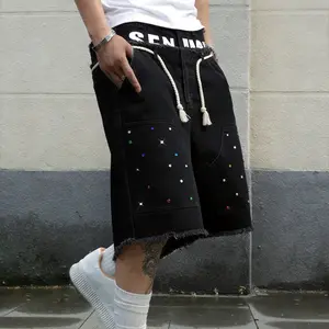 Men’s summer washed rhinestone denim shorts with frayed hem and drawstring waist—an everyday wardrobe essential