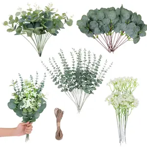 200 Pcs 4 Kinds Artificial Eucalyptus Stems, Mixed Faux Greenery Stems Fake Silver Dollar Eucalyptus Leaves Stems Bulk Babys Breath for DIY Bouquet Centerpieces Decor Decorative Plants Ornaments