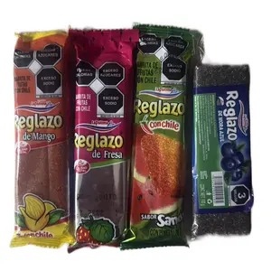 Reglazo Barrita de Fruta con Chile. Fruit roll with chile. Watermelon, Mango, Blueberry and Strawberry flavor. Each 100 grams.
