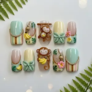 Kawaii Monkey Press On Nails: 3D Charms Monkey & Bow, Pastel Pink Polka Dot Set