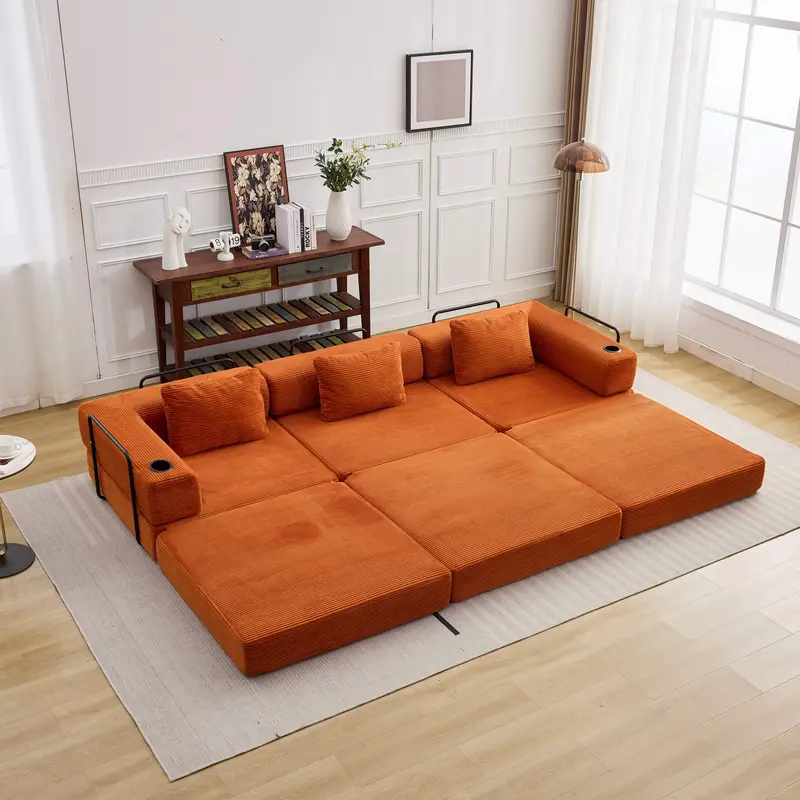 QAK 118" Modular Floor Sofa Bed with Two Cup Holders High-Quality Corduroy Fabric Free Combination Design Premium Sponge Padding Multifunctional for Small Spaces Living Room Mattress