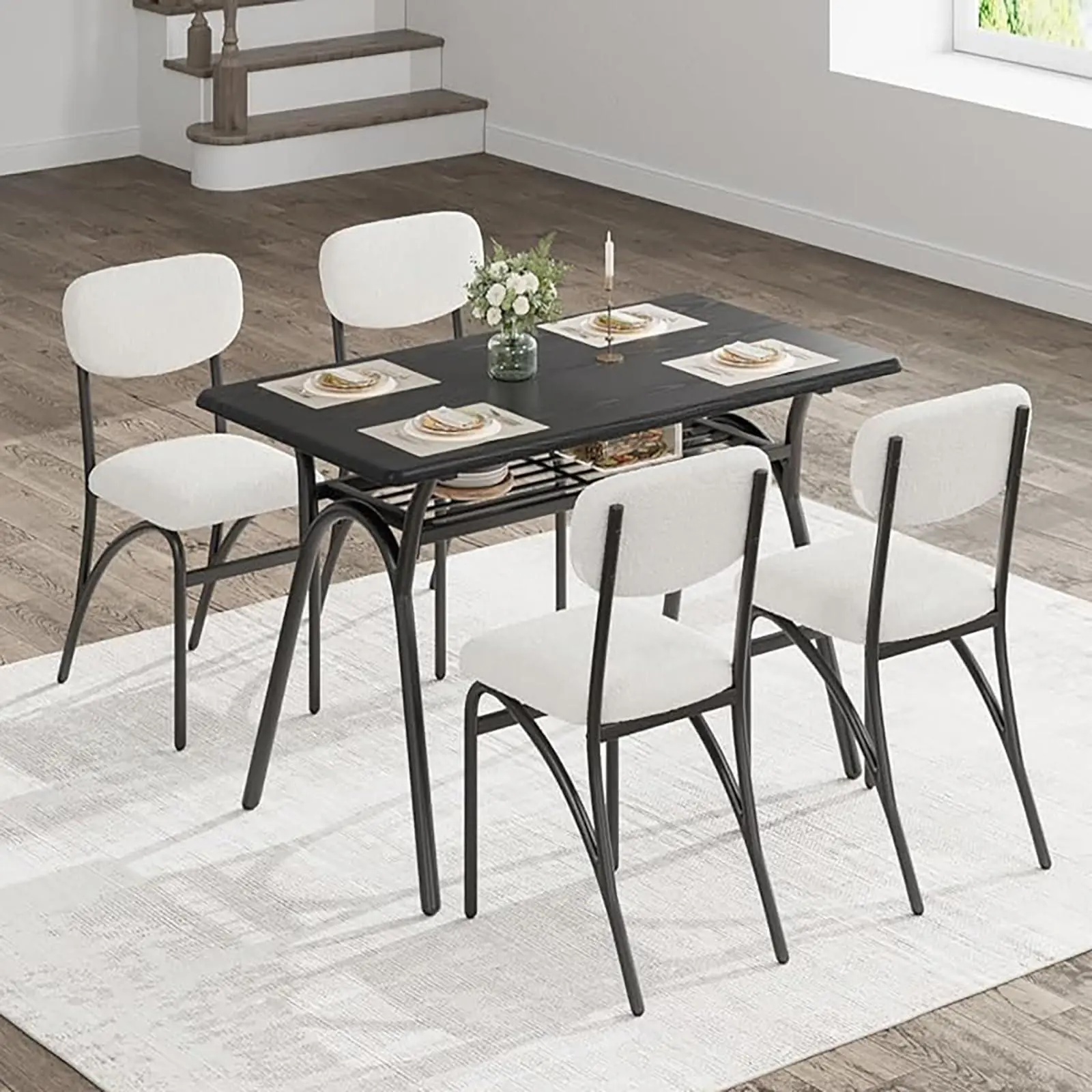 GAOMON 5-Piece Contemporary Upholstered Dining Set - Black Rectangular Marble Top Kitchen Table with Storage Shelf, Boucle Chairs, Durable 200 lb Capacity Space-Saving Apartment Furniture for 4