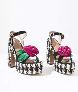 Betsey Johnson Black & White Houndstooth Rosette Platforms