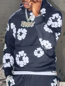 Men's Floral Hooded Sweatshirt for Fall & Winter, Casual Fashion Pullover, Warm Comfortable Daily Wear, Street Style Set, Hoodie Sweatshirt