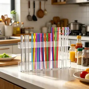 Clear Acrylic Straw Holder for Inside Cabinet Door – 9.8” Adjustable 2‑Part, Ultra Strong Adhesive Strips, Large Capacity Straw Organizer for Reusable Tumbler & Kitchen Storage (2026 Upgrade)