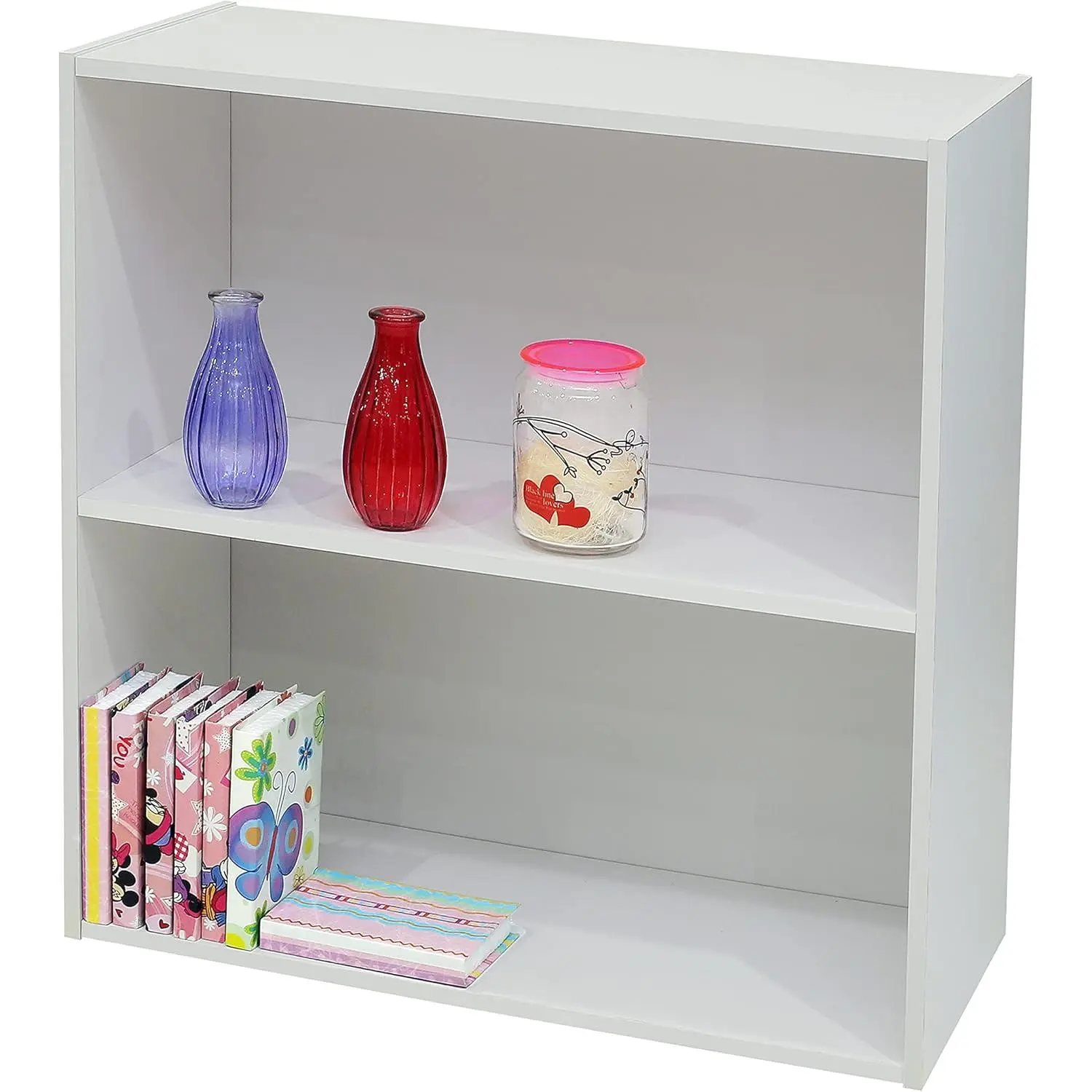 Freestanding Modern 2-Tier Open Shelf Bookcase Storage Organizer - White Wood, for Contemporary Home Decor (2-Tiers Design for Indoor Furniture Shelves & Racks Needs)