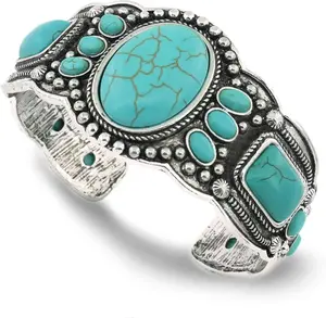 Women's Antique Rgentium Plated Base Heart Compressed Turquoise Bracelet Cuff Bangle Fashion