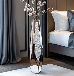 28” Tall Crushed Diamond Mirrored Flower Vase Crystal Silver Floor Flower Vase