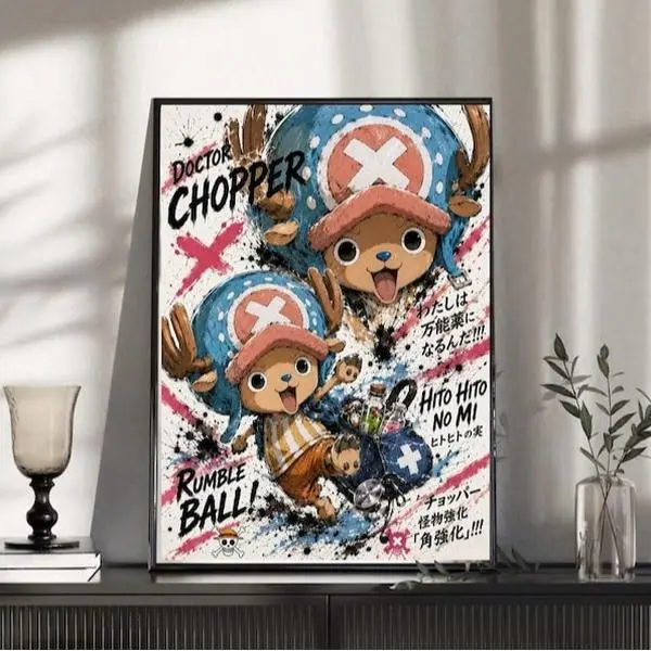Doctor Chopper Vintage Poster, Cute Reindeer Splash Ink Wall Art, Retro Pirates Manga Character Print, Japanese Anime Aesthetic Room Decor Gift
