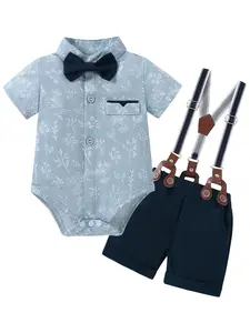 Boys Gentlemen Short-Sleeved Suit  Baby Boy Clothes Suits 12-18 Months Infant Gentleman Wedding Outfits, Short Sleeve Shirt+Bowtie+Beret+Suspender Shorts Set (12-18 months)