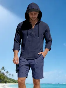 Men's casual linen two-piece set - long-sleeved Henry-style hooded jacket and linen shorts, with Elastic waist, lightweight and breathable fabric and a loose fit. Perfect for beach vacations, summer casual wear and outdoor trips.