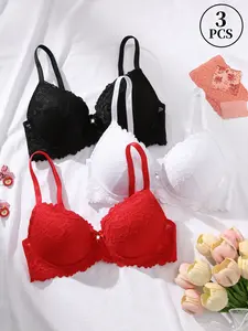 3pcs Women's push-up floral lace bras, Lingerie, rhinestone bows, soft and comfortable, providing lifting support to prevent sagging, in a contrasting color combination, suitable for everyday wear in all seasons.
