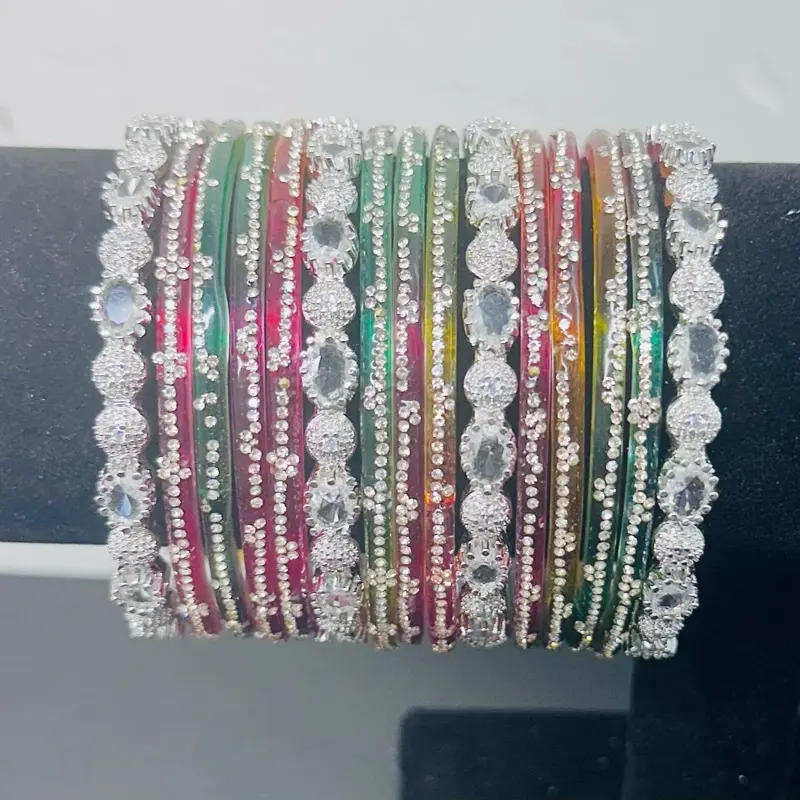 Multicolor Glass and American Diamond Bangle Stack size 2•4