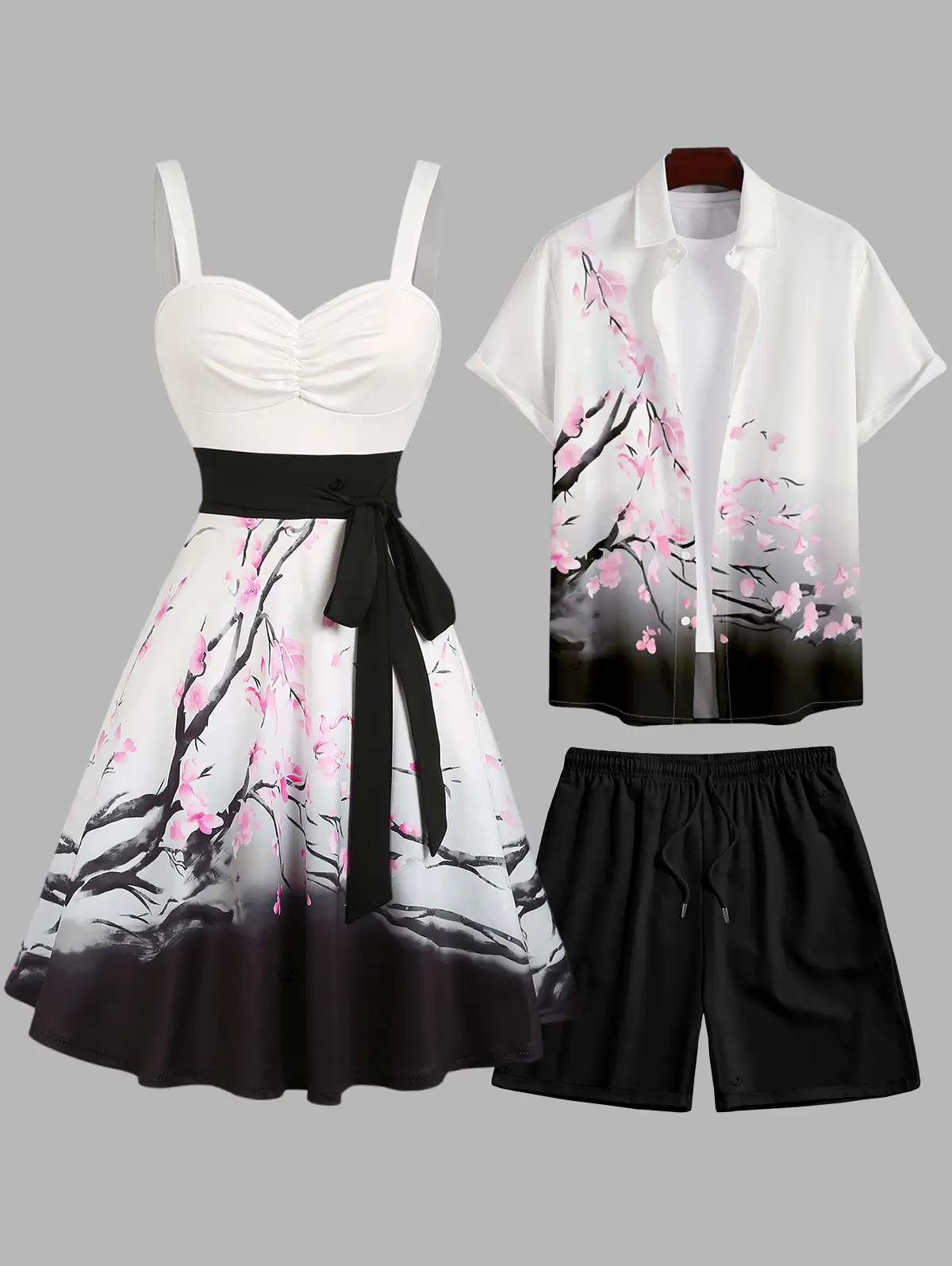 2026 Couple Outfit Women's Sweetheart Neck Plum Blossom Ombre Print Belt Dress and Men's Roll Up Sleeve Shirt Drawstring Beach Shorts Vocation Outfit summerwins