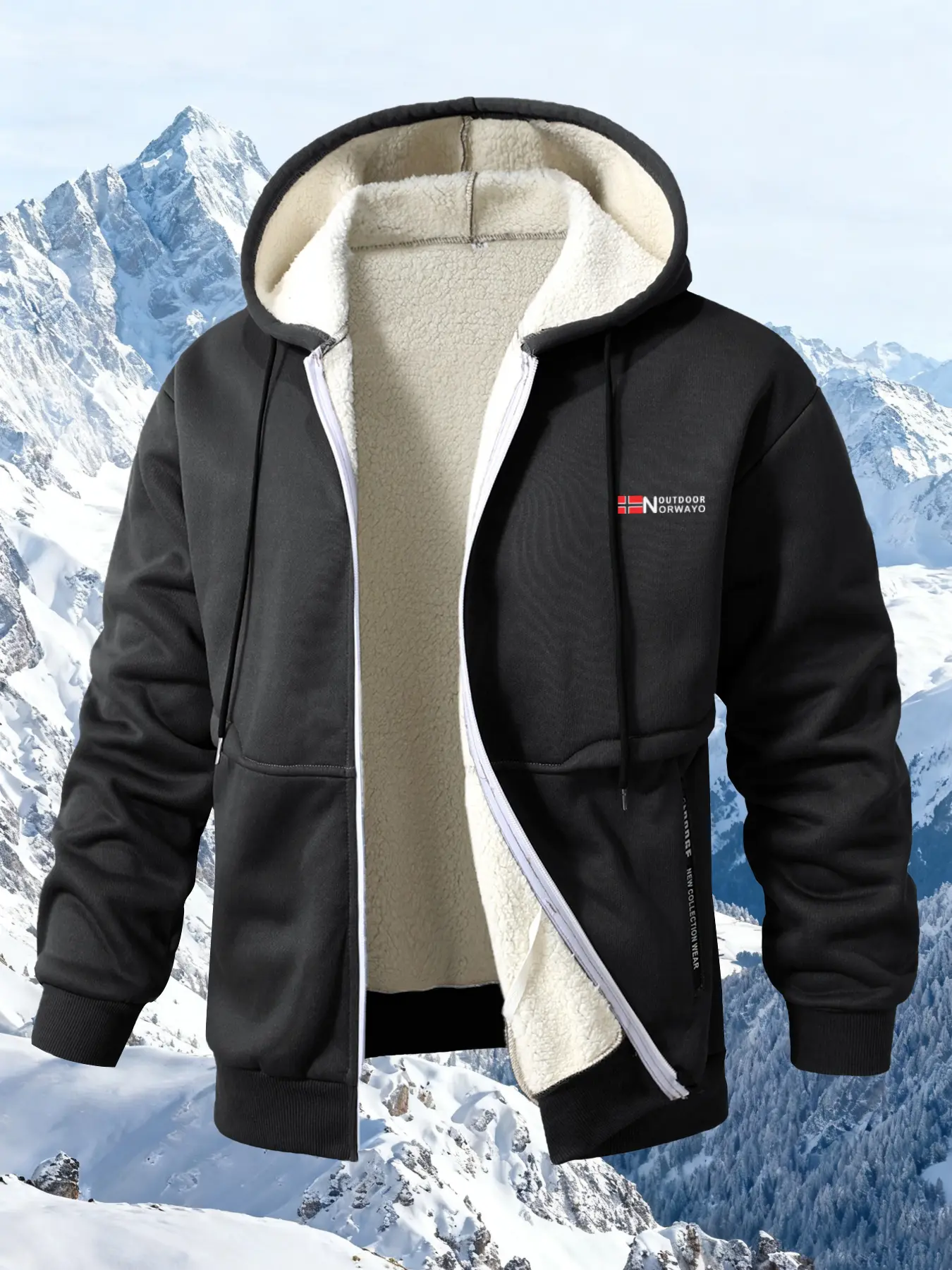 Men's Autumn Winter Outdoor Lamb Fleece Hoodie, Simple Norwegian Print, Comfortable Warm Material, Full Zip Design, Ideal for Mountain Travel