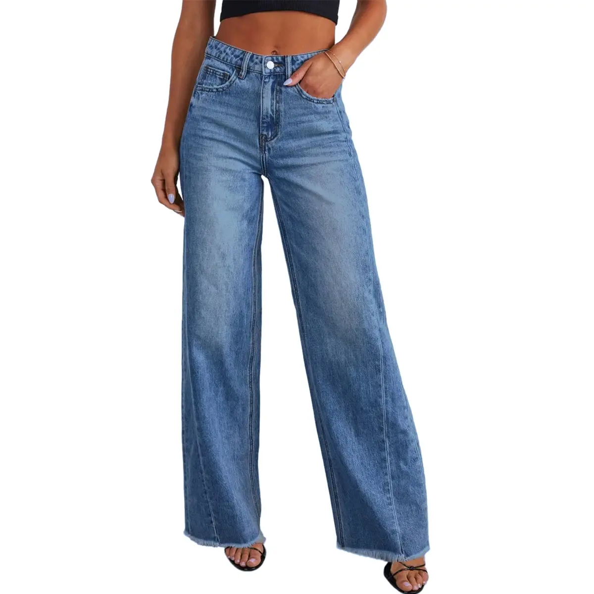 Sidefeel Women's Wide Leg Jeans High Waisted Stretchy Raw Hem Zimbaplatinum Denim Pants DealsForYouDays summerwins WeeklyDeals Summer Outfit