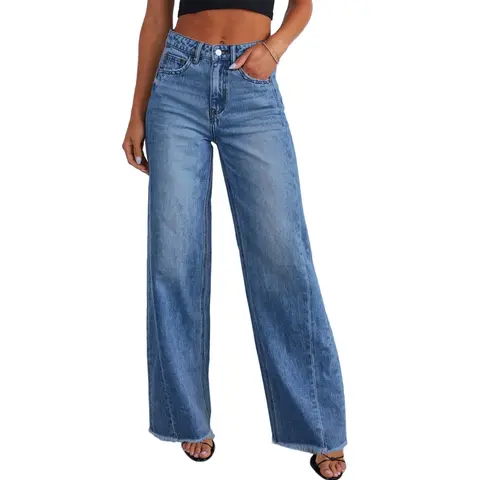 Sidefeel Women's Wide Leg Jeans High Waisted Stretchy Raw Hem Zimbaplatinum Denim Pants Fall Outfit