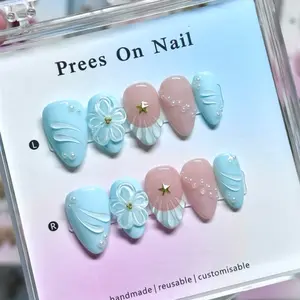 10pcs Handmade Press on Nails, Blue Ombre 3D Flower & Ribbon Design, Short Almond Mermaid False Nails with Pearls, Reusable Glue-On Nails for Daily Party