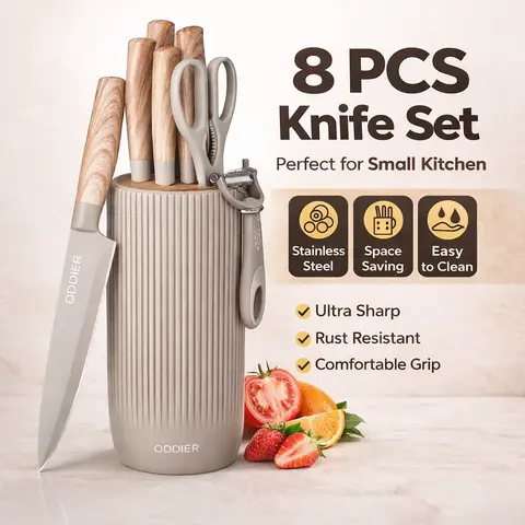 ODDIER 8-Piece Thick High-Carbon Stainless Steel Kitchen Knife Block Set - Ergonomic Rustproof Dishwasher-Safe Kitchenware with 3-in-1 Peeler, Non-Stick Coating, 15° Smooth Cutting Edge, 56+ HRC Sharpness for Home Household Items Daily Use