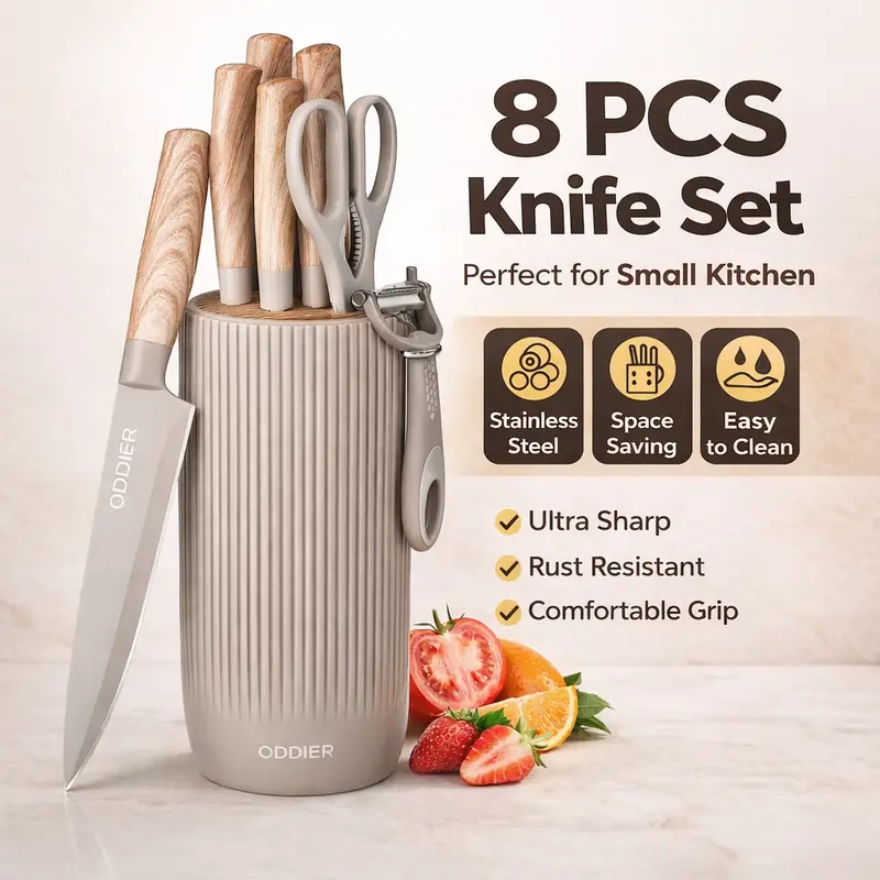 ODDIER 8-Piece Thick High-Carbon Stainless Steel Kitchen Knife Block Set - Ergonomic Rustproof Dishwasher-Safe Kitchenware with 3-in-1 Peeler, Non-Stick Coating, 15° Smooth Cutting Edge, 56+ HRC Sharpness for Home Household Items Daily Use