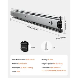 VEVOR Drawer Slides, 22 inch, 10 Pairs Full Extension Ball Bearing Cabinet Rails, 100 LB Load Capacity Heavy Duty Side Mount Dresser Drawer Slides, Drawer Track Runners for Kitchen DIY Replacement