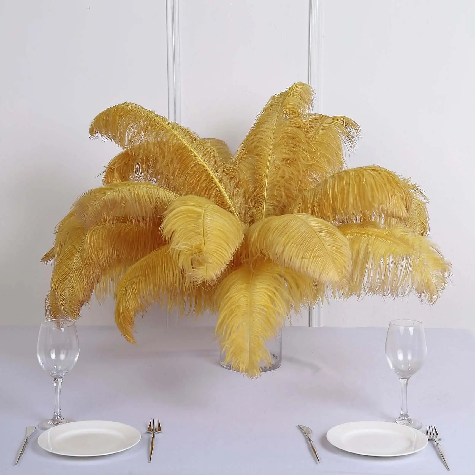 12-Pack Gold Natural Plume Ostrich Feathers, Festive Decor Centerpiece Filler - 24"-26"