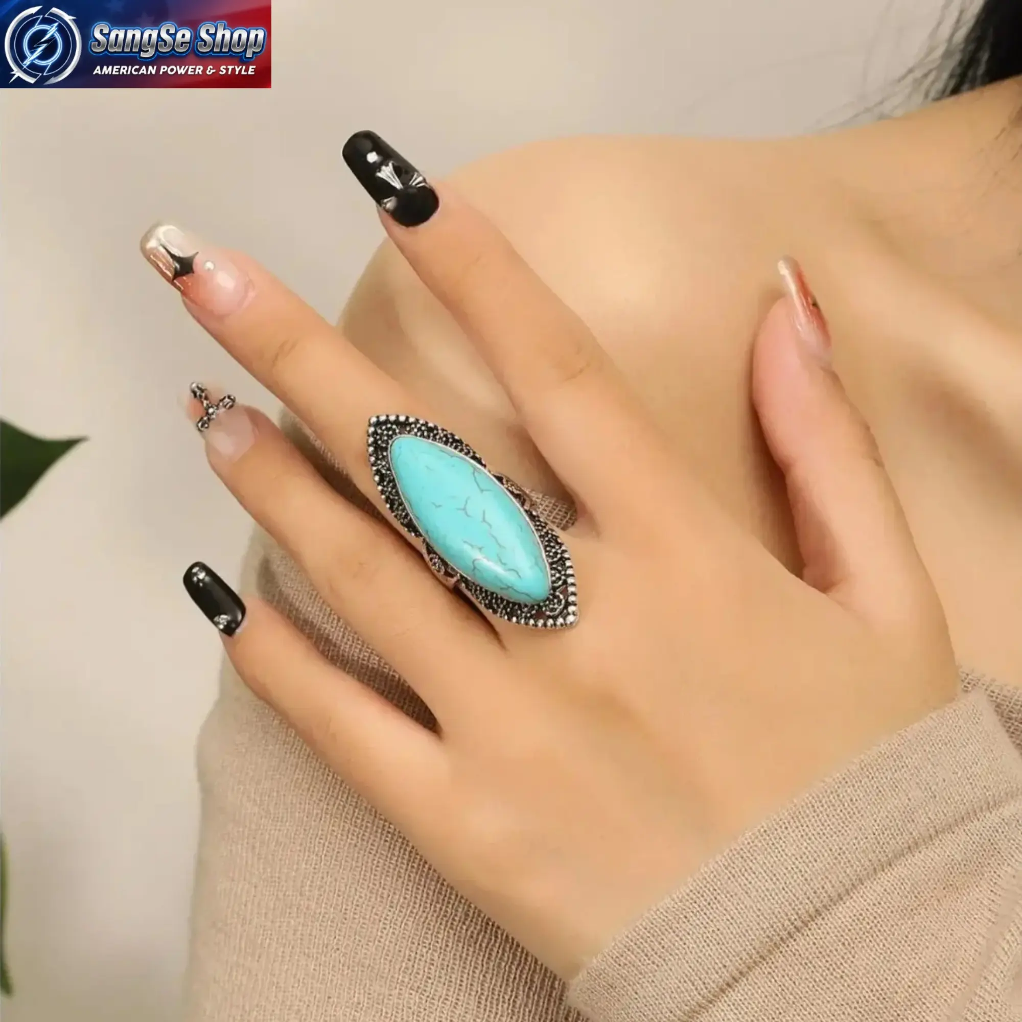 Vintage Boho Statement Ring for Women with Oval Turquoise Stone, Silver-Tone Adjustable Beaded Band for Music Festivals and Daily Wear, Ethnic, Versatile Accessory, Unique, Beads, Jewelry