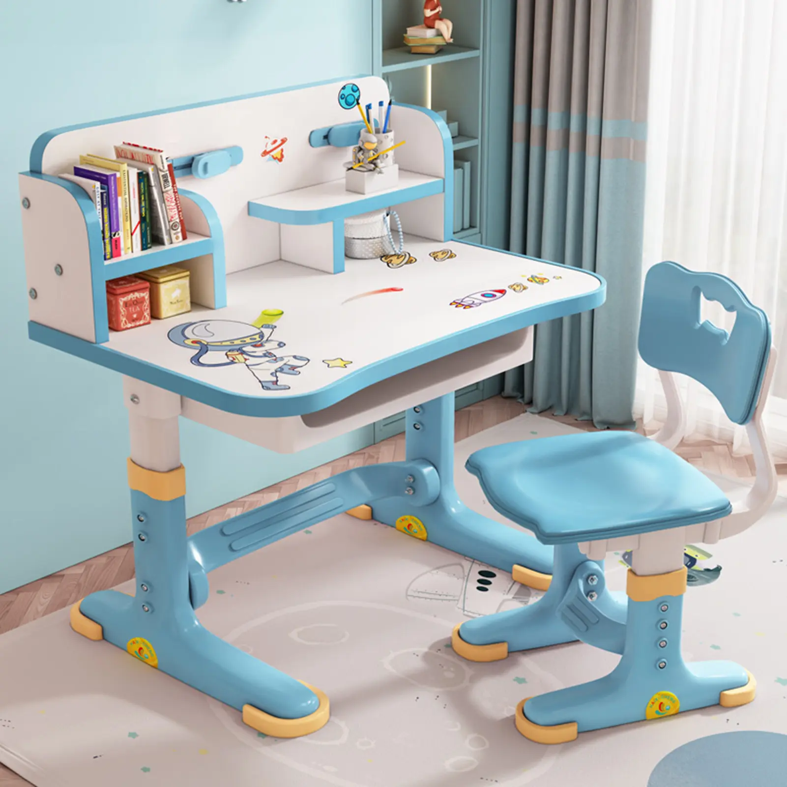 Bodonl Ergonomic Kids' Study Table and Chair Set, Adjustable Height Indoor Furniture with Widened Desktop, Multi-Separation Design, Cartoon Pattern, Drawer - New Year Gift