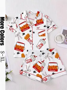 Women's Two-Piece Chicken Drink Print Pajama Set, Short Sleeve Button Front Shirt & Elastic Waist Shorts, Casual Summer Sleepwear Loungewear