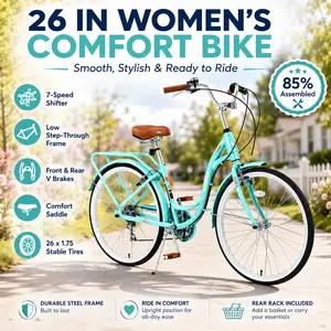 Elon Womens Bike 26 Inch 7 Speed Beach Cruiser Ladies Bicycle With Durable Steel Frame Aesthetic Classic Multiple Colors Comfortable Seat For City Commuting College Campus Travel And Outdoor Recreation Adult Cycling Gear