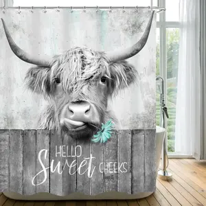 Funny Gray Shower 60Wx72H Vintage Farmhouse Longhorn Bull Animal Rustic Set Wooden Bath with 12