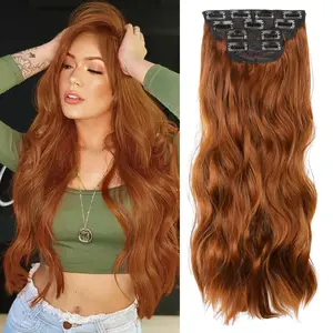 VOSILK Clip in Hair Extension 20 Inch Reddish Copper Red 4PCS Natural Long Wavy Curly Hairpieces for Women Thick Synthetic Fiber Double Weft Hair Full Head