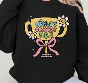 Vintage World's Okayest Mom Shirt, Funny Trophy Graphic Sweatshirt, Motherhood Humor Gift, Groovy Mom Style Crewneck, Birthday Gift for Mom.