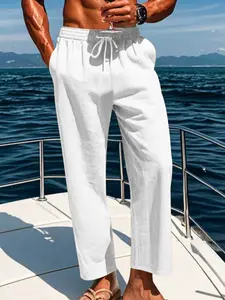 Men's Old Money Linen Pants Solid Color Loose Fit Elastic Drawstring Waist Straight Legs Bottoms Casual Summer Lighweight Breathable   Soft Yoga Beach Long Pants with Pockets Wedding Partise Vacation Daily Going Out Dating Club Lounge Wear