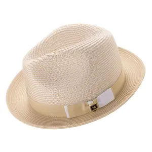 Beige Two Tone Stingy Brim Fedora Hat by Montique