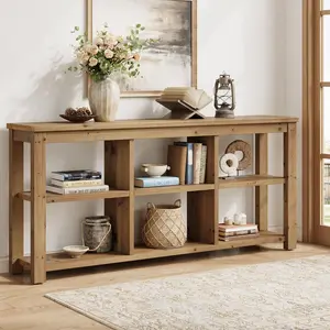 Tribewood 63-Inch Solid Wood Entryway Console Table With Storage Cubes For Living Room, Farmhouse Style