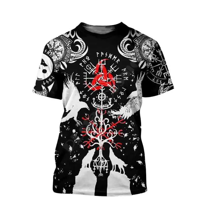 Men's Summer Crew Neck T-Shirt, Viking Norse Mythology 3D All Over Print Graphic Tee, Retro Nordic Streetwear Casual Shirts For Men Viking Lovers