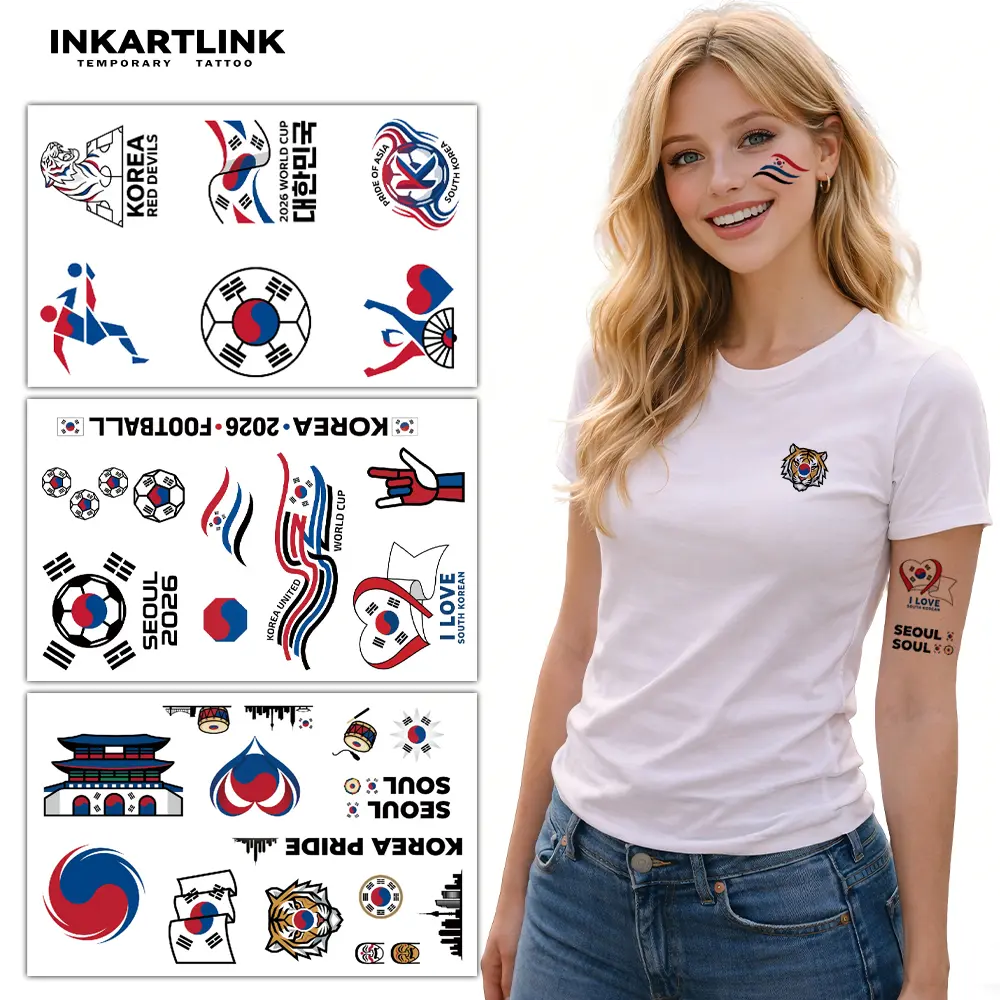 INKARTLINK Temporary Tattoos for South Korea Soccer Fans, 3 Sheets of Waterproof Body Art Stickers with Assorted Red Devils & Tiger Totem Designs for Game Day, Assorted Temporary Tattoo Designs, Body Art Temporary Tattoo Sheets