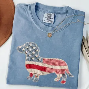 Faux Patchwork Dachshund Comfort Colors Shirt, 4th of July Shirt Women, Dachshund Mom Gift, American Flag Dachshund Shirt, Wiener Dog Tee H4A