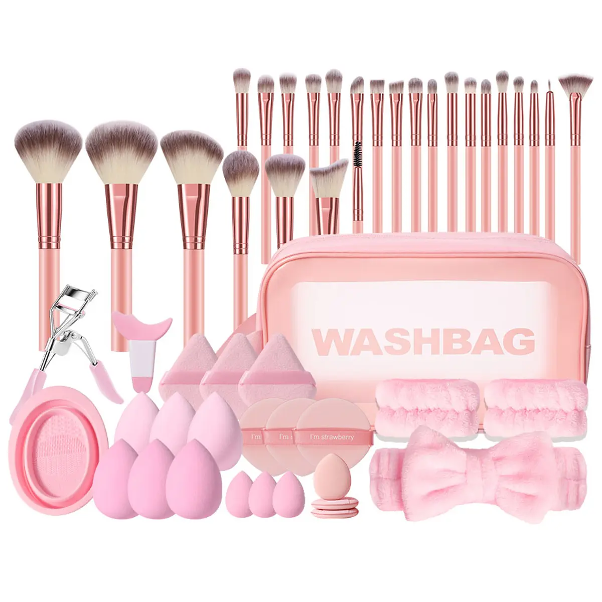 50PCS All-in-One Makeup Tools, Waterproof Multi-Functional Cosmetic Bag, 25PCS Makeup Brushes, Makeup Sponges, Mini Sponges, Triangle & Air Cushion Powder Puffs, Hairband, Hand Bowl Straps, Brush Cleaning Tool, Eye Makeup Accessory and Eyelash Curler